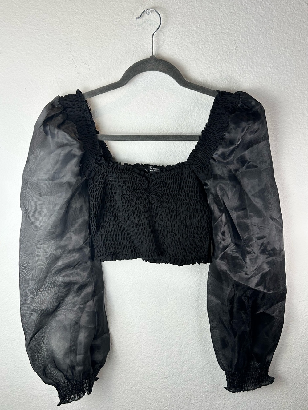 Forever 21 Black Smocked Crop Top with Sheer Puff Sleeves